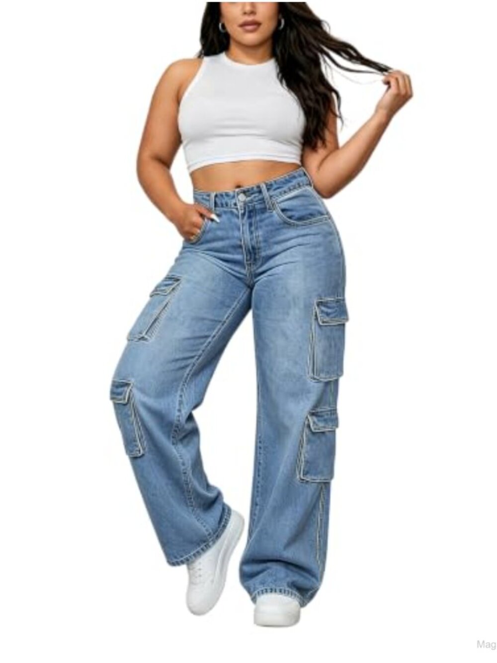 Plus Size High Waist Cargo Jeans Stretch Straight Leg Utility Denim